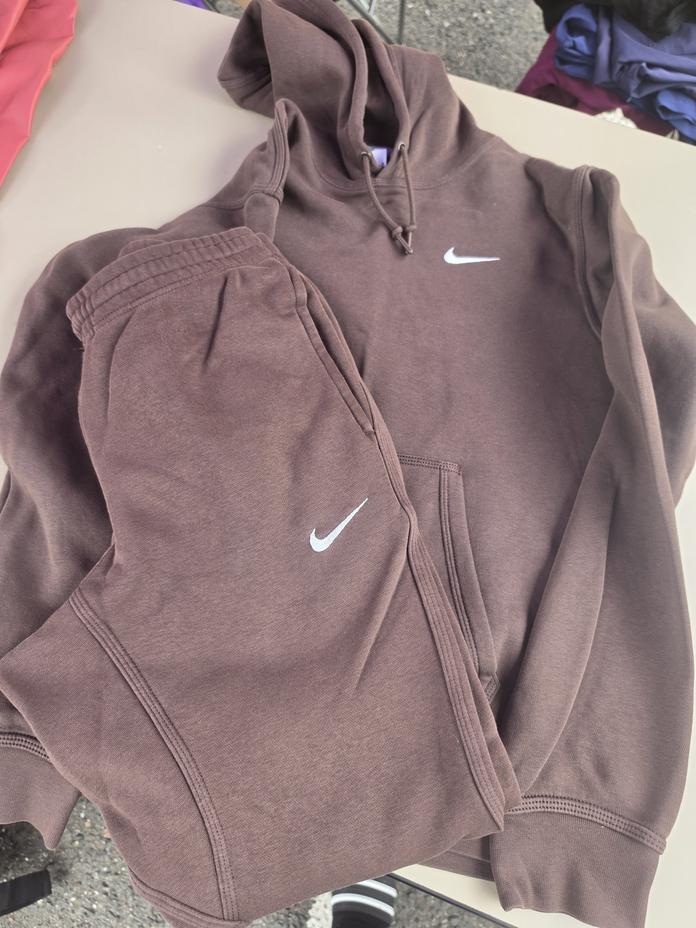 Nike Men's Brown Crewneck Hoodie and Joggers Set with White Swoosh